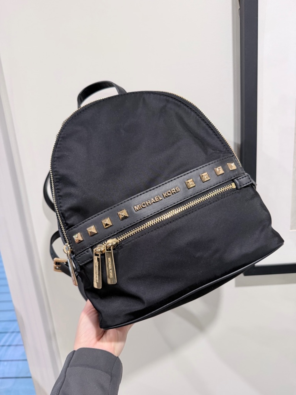 New MICHAEL KORS KENLY MEDIUM BACKPACK BLACK/GOLD STUDDED Nylon